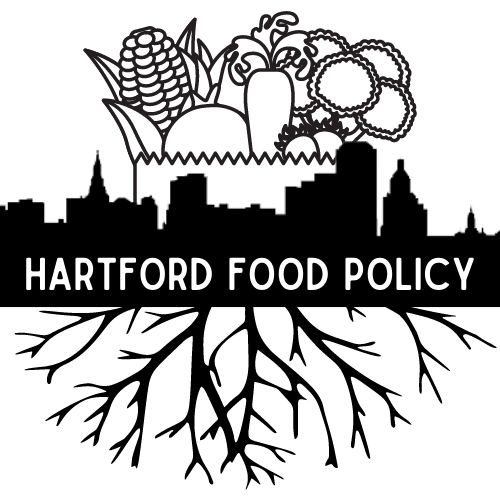 Black and white logo of the Hartford Advisory Commission on Food Policy. It combines roots, the cityline of Hartford, and a bag of groceries and says "Hartford Food Policy"